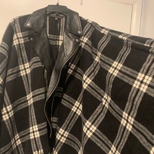 Black & White Plaid Shawl with Faux Leather Lapels - 15% Wool Shawl